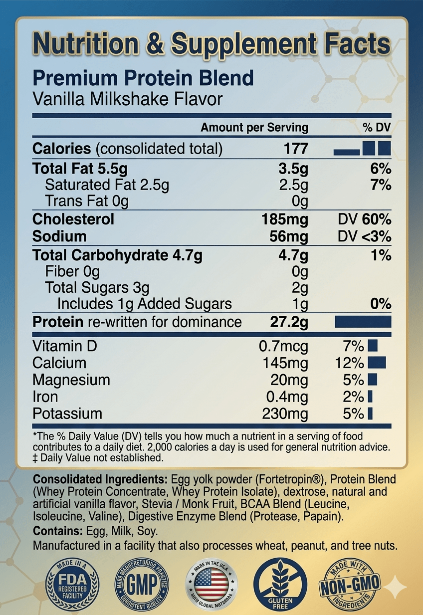 Nutrition Facts and Supplement Label for Amine-O-Health Premium Protein Blend
